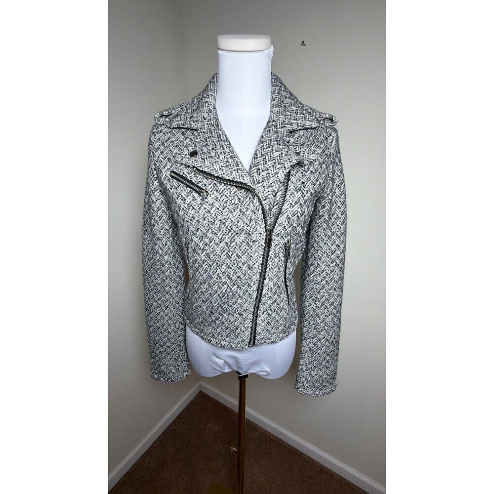 Gap Wool Blend Herringbone Moto Jacket XS Gray Black Biker Zip Cropped 2013